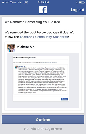 Screenshot notifying Michete that his post was deleted after being shared 2,000 times.